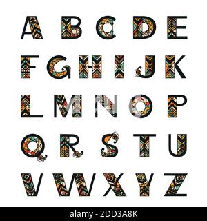 Tribal Alphabet. Großbuchstaben im geometrischen ethnischen Stil. Vektorschriftdarstellung Stock Vektor
