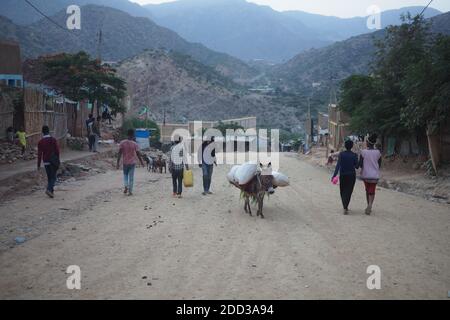 Tigray, Äthiopien - 14. August 2018. :Esel und Fußgänger in einer kleinen Stadt in Tigray Region von Äthiopien Stockfoto