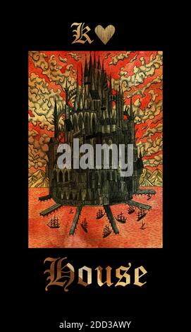 Haus oder Schloss. Karte von Lenormand orakel Deck Gothic Mysteries. Handgezeichnete Cartoon-Illustration. Fantasie und mystische Zeichnung. Gotik, Okkultismus und Esote Stockfoto