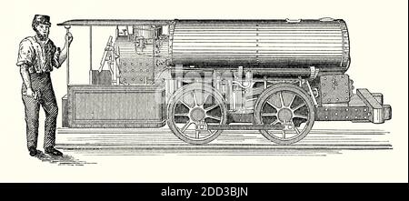 Eine alte Gravur von Dampflokomotive für den Einsatz in Minen. Es ist aus einem viktorianischen Maschinenbaubuch der 1880er Jahre. Dieser amerikanische Motor, Baldwins direkt wirkende Lokomotive, arbeitete auf einer Spurweite von 2 Fuß 6 ins und verbrannte Koks oder Anthrazit für Kraftstoff. Eine Minenbahn (oder Minenbahn oder Grubenbahn) ist eine Eisenbahn, die gebaut wurde, um Materialien und Arbeiter in und aus einer Mine zu transportieren. Zuerst auf Holzschienen, aber schließlich das Hinzufügen des Schutzeisens, wurden die Wagen von Männern (und Kindern) oder Pferd und Esel gezogen. Manchmal Dampflokomotion durch feste Motoren außerhalb der Mine. Stockfoto