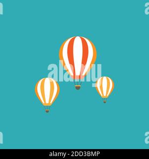 Orange Heißluftballons fliegen in den blauen Himmel. Flaches Cartoon-Design. Vektorhintergrund. Fantasie, Kreativität, Innovation, Bildung Symbol. Stock Vektor