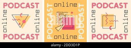 Set von quadratischen Podcast Layouts mit geometrischen Formen. Podcast-Cover, abstrakter Memphis-Stil. Online-Stream-Banner a-la Brutalismus oder Neo-Moderne Stock Vektor