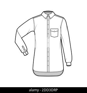 Klassisches Hemd technische Mode Illustration mit angewinkelten Tasche, Ellbogenfalte Langarm, Relax Fit, Knöpfe, regulären Kragen. Flache Schablone vorne, weiße Farbe. Damen Herren Unisex TOP CAD Mockup Stock Vektor