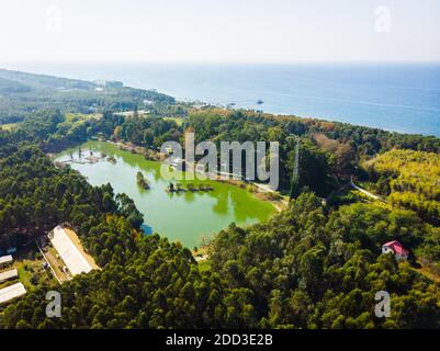 Dendrologische Luftaufnahme mit grünem See und blauem schwarzem Meer Im Hintergrund.2020 Stockfoto