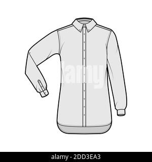 Klassisches Hemd technische Mode Illustration mit Ellbogenfalte Langarm, Relax Fit, Knopfverschluss, regulärer Kragen. Flache Bekleidungsvorlage vorne, grau. Damen Herren Unisex TOP CAD Mockup Stock Vektor