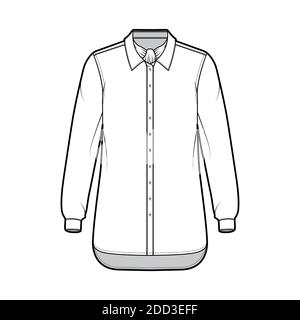 Shirt ascot Streifen technische Mode-Illustration mit Schleife, lange Ärmel mit Manschette, übergroße, Button-Down, regulären Kragen. Flache Schablone vorne, weiß, Farbe. Damen Herren Unisex TOP CAD Mockup Stock Vektor