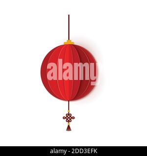 Rote chinesische traditionelle runde Papierlaterne. Chinesische Neujahrslaterne runde Form. Papierkunst Stil asiatische Dekoration. Isoliert auf weißem Hintergrund Stock Vektor