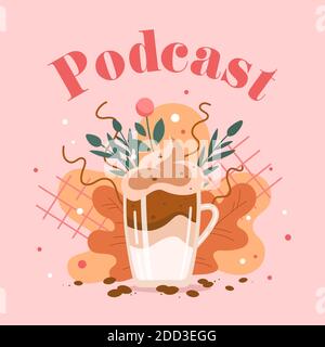 Retro-Vorlage von Podcast-Cover mit Glas von dalgona, gemütliche Herbst-Ästhetik. Cute quadratische Podcast-Vorlage oder Online-Stream-Banner Stock Vektor