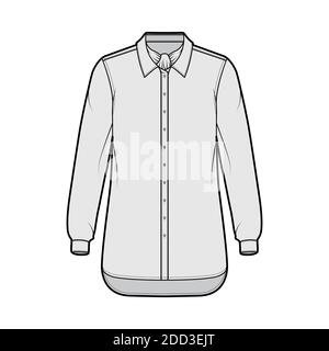 Shirt ascot Streifen technische Mode-Illustration mit Schleife, lange Ärmel mit Manschette, übergroße, Button-Down, regulären Kragen. Flache Schablone vorne, graue Farbe. Damen Herren Unisex TOP CAD Mockup Stock Vektor