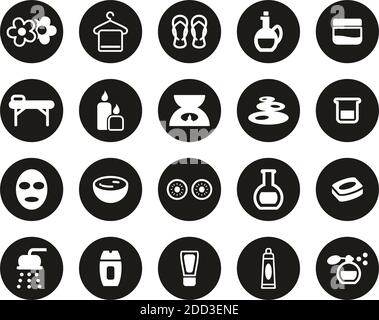 Spa & Wellness Icons Weiß Auf Schwarz Flat Design Circle Groß Einstellen Stock Vektor