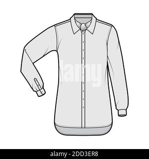 Hemd ascot Streifen technische Mode-Illustration mit Bindeband, Ellbogenfalte Langarm, übergroß, Button-Down, regulärer Kragen. Flache Schablone vorne, graue Farbe. Damen Herren Unisex TOP CAD Mockup Stock Vektor