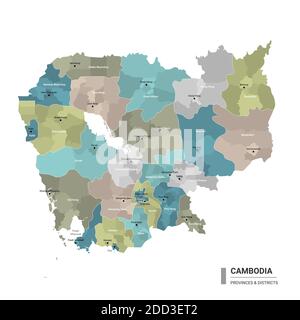 Kambodscha hat detaillierte Karte mit Unterteilungen. Verwaltungskarte von Kambodscha mit Bezirken und Städten Namen, farbig nach Bundesstaaten und administrative dist Stock Vektor