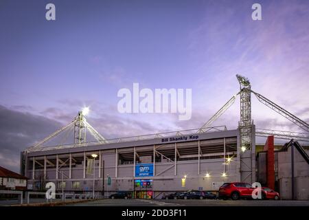 Preston, Lancashire. Deepdale Fußballplatz, Heimstadion von Preston North End. Stockfoto
