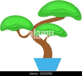 Bonsai-Baum in Papierschnitt-Stil isoliert auf weißem Hintergrund. Asiatische traditionelle stilisierte Cartoon Bonsai Obstbaum. Japanische Miniatur-Zimmerpflanze Stock Vektor