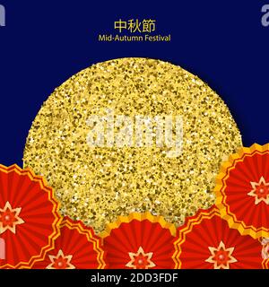 Chinesische Mitte Herbst Festival Design. Feiertagshintergrund mit Gold Glitzer Vollmond und runden Ventilatoren auf blauem Hintergrund. Festliche Karte im orientalischen Stil Stock Vektor