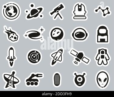 Space Oder Space Mission Icons Schwarz & Weiß Sticker Set Groß Stock Vektor