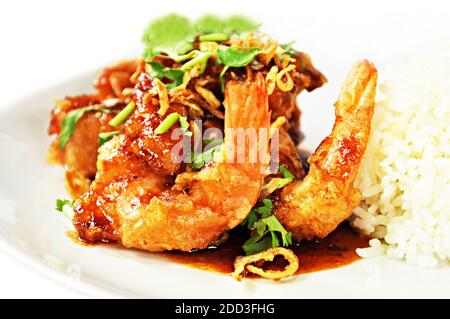 Frittierte Garnelen in Tamarinde-Sauce mit Dampfreis - Thailändisches Essen Stockfoto