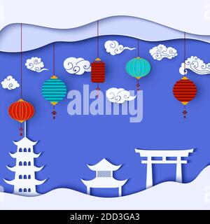 Chinesische Karte im orientalischen Stil. Urlaub Hintergrund mit Tradition Gebäude Silhouette, weiße Wolken und bunte Laternen auf blauem Hintergrund. Festlich Stock Vektor