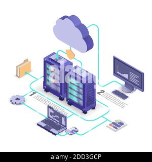 Flussdiagramm der Cloud-Service-Technologie, isometrische Vektordarstellung. Stock Vektor
