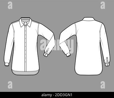 Hemd ascot Streifen technische Mode-Illustration mit Bindeband, Ellbogenfalte Langarm, übergroß, Button-Down, regulärer Kragen. Flache Schablone vorne, Rückseite weiß Farbe. Damen Herren Unisex TOP CAD Mockup Stock Vektor
