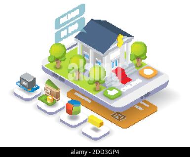 Mobile Banking Vektor isometrische Illustration. Online-Bankgeschäfte, Überweisung, Bankeinzahlung, Internet-Zahlung. Stock Vektor