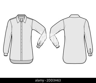 Hemd ascot Streifen technische Mode-Illustration mit Bindeband, Ellbogenfalte Langarm, übergroß, Button-Down, regulärer Kragen. Flache Schablone vorne, hinten, graue Farbe. Damen Herren Unisex TOP CAD Mockup Stock Vektor