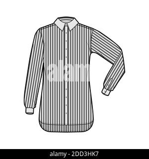 Shirt Cleric Stripe technische Mode-Illustration mit Ellbogenfalte lange Ärmel, Relax-Fit, Button-Down, regulärer Kragen. Flache Schablone vorne, graue Farbe. Damen Herren Unisex TOP CAD Mockup Stock Vektor