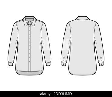 Shirt ascot Streifen technische Mode-Illustration mit Schleife, lange Ärmel mit Manschette, übergroße, Button-Down, regulären Kragen. Flache Schablone vorne, hinten, graue Farbe. Damen Herren Unisex TOP CAD Mockup Stock Vektor