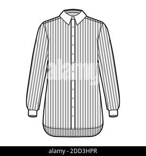 Shirt cleric Streifen technische Mode-Illustration mit langen Ärmeln mit Manschette, Relax-Fit, Button-Down, regulären Kragen. Flache Schablone vorne, weiß, Farbe. Damen Herren Unisex TOP CAD Mockup Stock Vektor