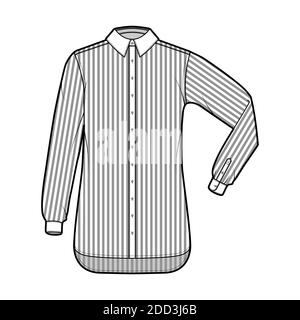 Shirt Cleric Stripe technische Mode-Illustration mit Ellbogenfalte lange Ärmel, Relax-Fit, Button-Down, regulärer Kragen. Flache Schablone vorne, weiß, Farbe. Damen Herren Unisex TOP CAD Mockup Stock Vektor
