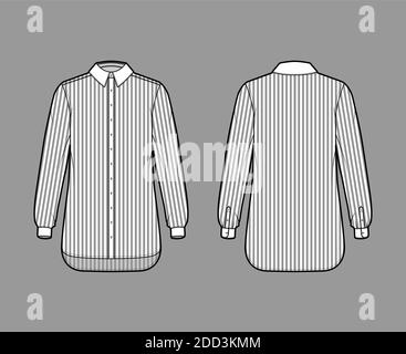 Shirt cleric Streifen technische Mode-Illustration mit langen Ärmeln mit Manschette, Relax-Fit, Button-Down, regulären Kragen. Flache Schablone vorne, Rückseite weiß, Farbe. Damen Herren Unisex TOP CAD Mockup Stock Vektor