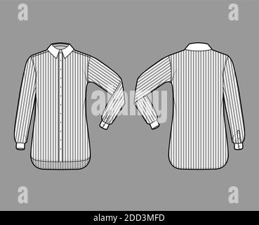 Shirt Cleric Stripe technische Mode-Illustration mit Ellbogenfalte lange Ärmel, Relax-Fit, Button-Down, regulärer Kragen. Flache Schablone vorne, Rückseite weiß, Farbe. Damen Herren Unisex TOP CAD Mockup Stock Vektor