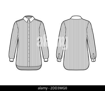 Shirt cleric Streifen technische Mode-Illustration mit langen Ärmeln mit Manschette, Relax-Fit, Button-Down, regulären Kragen. Flache Schablone vorne, Rückseite weiß, Farbe. Damen Herren Unisex TOP CAD Mockup Stock Vektor