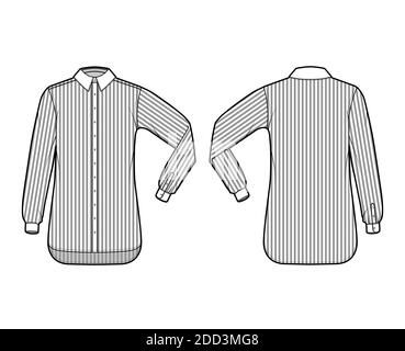 Shirt Cleric Stripe technische Mode-Illustration mit Ellbogenfalte lange Ärmel, Relax-Fit, Button-Down, regulärer Kragen. Flache Schablone vorne, Rückseite weiß, Farbe. Damen Herren Unisex TOP CAD Mockup Stock Vektor