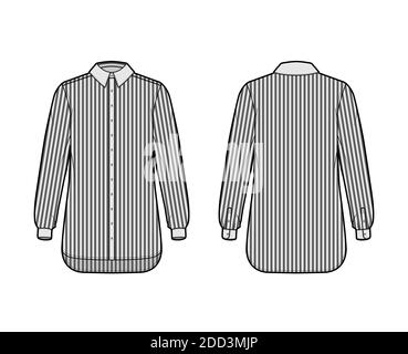 Shirt cleric Streifen technische Mode-Illustration mit langen Ärmeln mit Manschette, Relax-Fit, Button-Down, regulären Kragen. Flache Schablone vorne, hinten, graue Farbe. Damen Herren Unisex TOP CAD Mockup Stock Vektor
