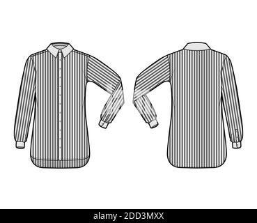 Shirt Cleric Stripe technische Mode-Illustration mit Ellbogenfalte lange Ärmel, Relax-Fit, Button-Down, regulärer Kragen. Flache Schablone vorne, hinten, graue Farbe. Damen Herren Unisex TOP CAD Mockup Stock Vektor