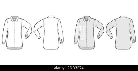 Hemd ascot Streifen technische Mode-Illustration mit Bindeband, Ellbogenfalte Langarm, übergroß, Button-Down, regulärer Kragen. Flache Schablone vorne, Rückseite weiß, graue Farbe. Frauen Männer Unisex CAD mockup Stock Vektor