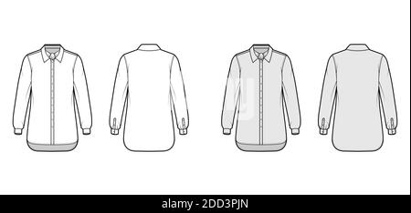Shirt ascot Streifen technische Mode-Illustration mit Schleife, lange Ärmel mit Manschette, übergroße, Button-Down, regulären Kragen. Flache Schablone vorne, Rückseite weiß, graue Farbe. Damen Herren Unisex TOP CAD Mockup Stock Vektor