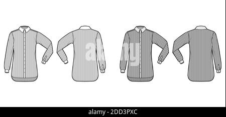 Shirt Cleric Stripe technische Mode-Illustration mit Ellbogenfalte lange Ärmel, Relax-Fit, Button-Down, regulärer Kragen. Flache Schablone vorne, Rückseite weiß, graue Farbe. Damen Herren Unisex TOP CAD Mockup Stock Vektor