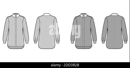 Shirt cleric Streifen technische Mode-Illustration mit langen Ärmeln mit Manschette, Relax-Fit, Button-Down, regulären Kragen. Flache Schablone vorne, Rückseite weiß, graue Farbe. Damen Herren Unisex TOP CAD Mockup Stock Vektor