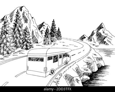 Camper Reise Straße Grafik schwarz weiß Landschaft Skizze Illustration Vektor Stock Vektor