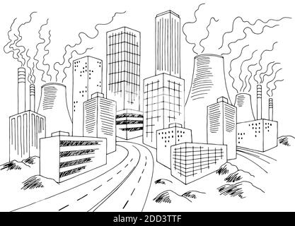 Eco Problem Stadt Grafik schlechte Ökologie schwarz weiß Landschaft Skizze Illustrationsvektor Stock Vektor