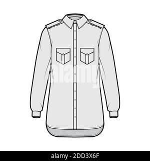 Shirt Epaulette technische Mode-Illustration mit Klappen abgewinkelte Taschen, lange Ärmel, Relax Fit, Button-Down, regulärer Kragen. Flache Schablone vorne, graue Farbe. Damen Herren Unisex TOP CAD Mockup Stock Vektor