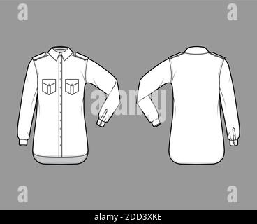 Shirt Epaulette technische Mode-Illustration mit Klappen abgewinkelte Taschen, Ellbogenfalte Langarm, Relax-Fit, Button-Down, regulären Kragen. Flache Vorlage vorne zurück weiße Farbe. Damen Herren Unisex TOP CAD Stock Vektor