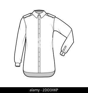Shirt Epaulette technische Mode-Illustration mit Ellbogenfalte Langarm, übergroß, Button-Down-Öffnung, regulärer Kragen. Flache Schablone vorne, weiß, Farbe. Damen Herren Unisex TOP CAD Mockup Stock Vektor