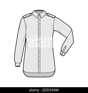 Shirt Epaulette technische Mode-Illustration mit Ellbogenfalte Langarm, übergroß, Button-Down-Öffnung, regulärer Kragen. Flache Schablone vorne, graue Farbe. Damen Herren Unisex TOP CAD Mockup Stock Vektor