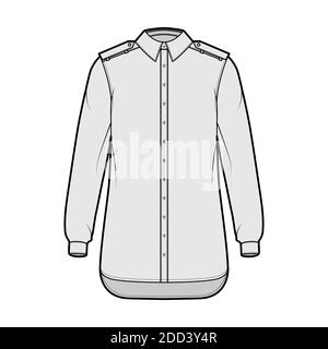 Shirt Epaulette technische Mode-Illustration mit Langarm mit Manschette, Relax-Fit, Button-Down-Öffnung, regulärer Kragen. Flache Schablone vorne, graue Farbe. Damen Herren Unisex TOP CAD Mockup Stock Vektor