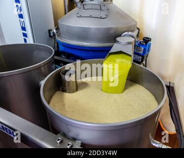 Olivenöl wird in Begijar in Andalusien in Südspanien verarbeitet. Die Fabrik gehört zur San Francisco Olive Oil Company. Stockfoto