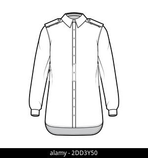 Shirt Epaulette technische Mode-Illustration mit Langarm mit Manschette, Relax-Fit, Button-Down-Öffnung, regulärer Kragen. Flache Schablone vorne, weiße Farbe. Damen Herren Unisex TOP CAD Mockup Stock Vektor