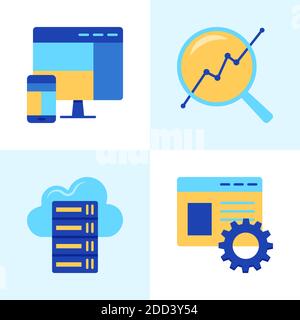 Website-Entwicklung Symbol in flachem Stil gesetzt. Responsive Design, Fortschrittsüberwachung, Seitenoptimierung und Hosting-Symbole. Vektorgrafik. Stock Vektor